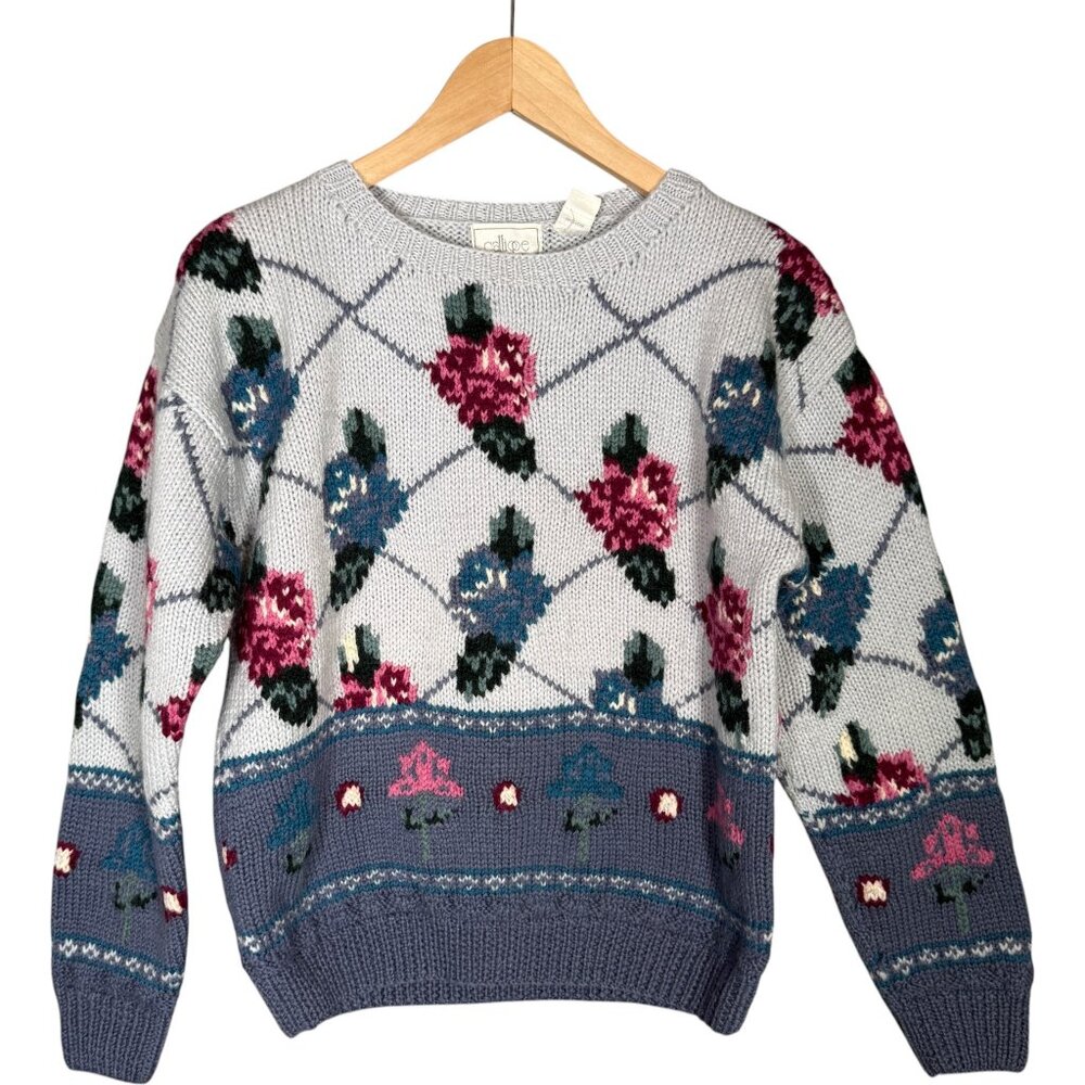 Vintage 100% Wool Blue Floral Diamond Pattern Sweater Grandma Roses S